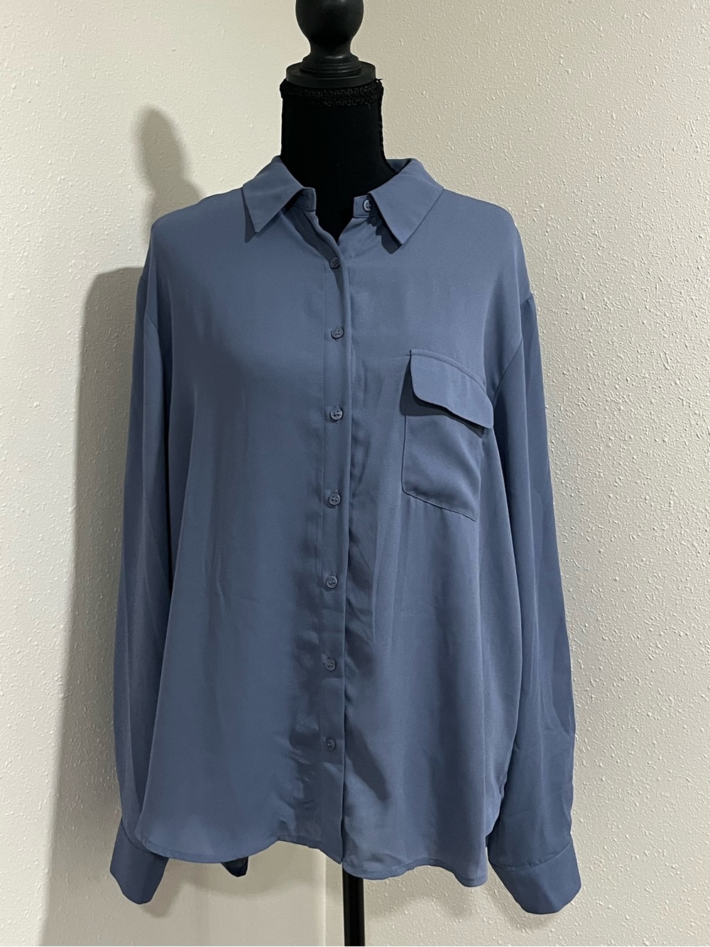 Pleione Slate Blue Button Sheer Blouse-Large